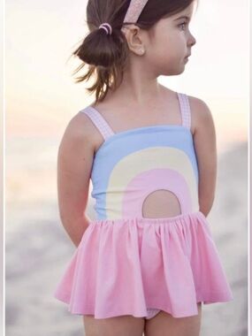 Smocked Sweets Girls Rainbow One-Piece Swimsuit with Skirt - 5